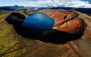 Lake in an old volcanic crater or caldera, Iceland