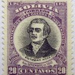 09 the 100th anniversary of the beginning of war of independence, 1809 1825 u. p. u bolivia correos centenarios de la guerra de independencia. 14 de setiembre de 1810 20 centavos violet black stamp est