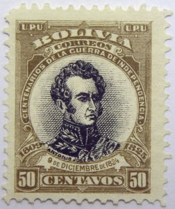 09 the 100th anniversary of the beginning of war of independence 1809 1825 u. p. u bolivia correos centenarios de la guerra de independencia. antonio jose de sucre 9 diciembre 1824 50 centavos stamp