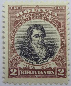 09 the 100th anniversary of the beginning of war of independence 1809 1825 u. p. u bolivia correos centenarios de la guerra de independencia. manuel belgrano 1813 1815 2 bolivianos stamp