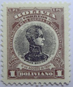 09 the 100th anniversary of the beginning of war of independence 1809 1825 u. p. u bolivia correos centenarios de la guerra de independencia. simon bolivar 6 de agosto de 1824 1 boliviano stamp