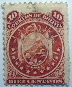 1871 coat of arms eleven stars below arms 10 correos de bolivia diez centavos red stamp