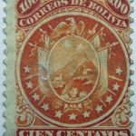 1871 coat of arms eleven stars below arms 100 correos de bolivia cien centavos orange stamp