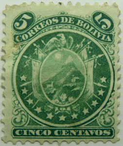 1871 coat of arms eleven stars below arms 5 correos de bolivia cinco centavos green stamp