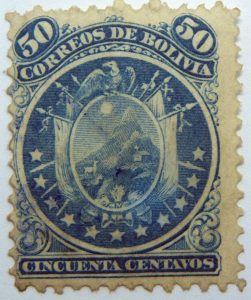 1871 coat of arms eleven stars below arms 50 correos de bolivia cincuenta centavos blue stamp