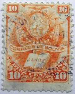 1878 crest and book correos de bolivia la ley 10 diez centavos orange stamp