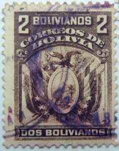 1901 correos de bolivia 2 dos bolivianos coat of arms dark brown stamp