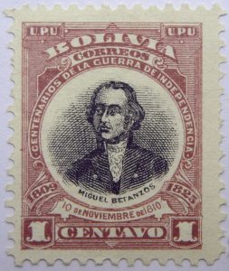 1909 the 100th anniversary of the beginning of war of independence, 1809 1825 u. p. u bolivia correos centenarios de la guerra de independencia. miguel betanzos 10 de noviembre de 1810 1 centavo stamp