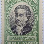 1909 the 100th anniversary of the revolution of july 1809 correos de bolivia centenario de la revolucion de julio 10 diez centavos green black murillo stamp