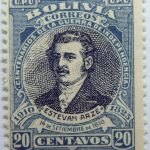 1910 the 100th anniversary of the liberation of santa cruz, potosi and cochabamba bolivia correos centenarios de la guerra de independencia. 14 de setiembre de 1810 20 centavos blue black stamp