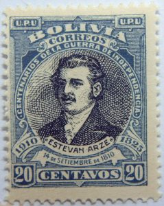 1910 the 100th anniversary of the liberation of santa cruz, potosi and cochabamba bolivia correos centenarios de la guerra de independencia. 14 de setiembre de 1810 20 centavos blue black stamp