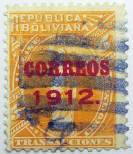 1912 revenue stamp overprinted correos 1912. republica boliviana 5 cinco centavos transaccione golden