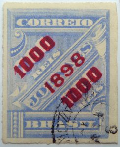 brazil newspaper stamp 1898 overprinted correio 1000r on 700r rouletted red surcharge ultramarin