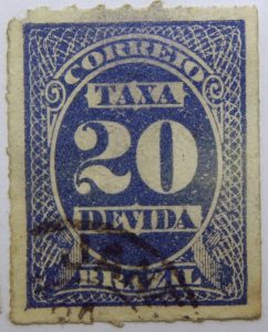 postage due stamp brazil 1890 rouletted performation correio taxa devida 20 reis violet blue