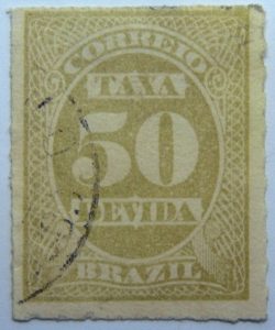 postage due stamp brazil 1890 rouletted performation correio taxa devida 50 reis olive