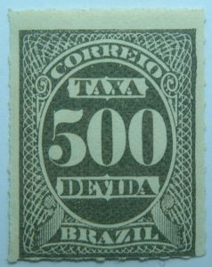 postage due stamp brazil 1890 rouletted performation correio taxa devida 500 reis dark grey