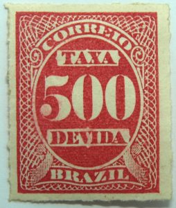 postage due stamp brazil 1890 rouletted performation correio taxa devida carmine 500