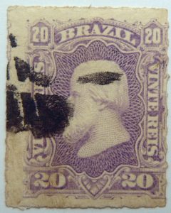 emperor dom pedro ii performaton rouletted brazil 20 vinte reis violet 1878 old stamp