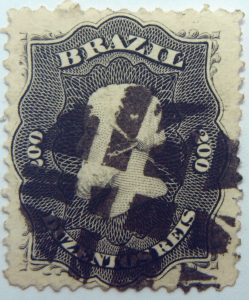 emperor dom pedro performaton 12 brazil 200r duzentos reis black 1866 july 1 old used stamp