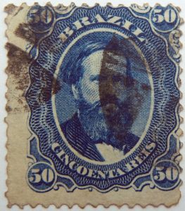 emperor dom pedro performaton 12 brazil 50r cincoenta reis blue 1866 july 1 old used stamp