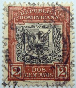 10 coat of arms republica dominicana 2 dos centavos carmine rose black color stamp dios patria libertad