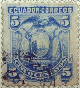 1881 1887 coat of arms ecuador correos 5 cinco centavos blue stamp