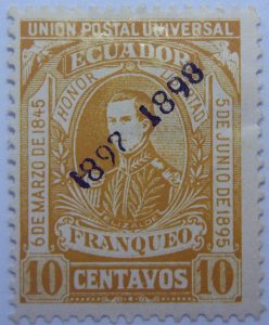 1896 liberal party s electoral victory 9.october union postal universal ecuador honor libertad 6de marzo de1845 elizalde franqueo 10 centavos ochre stamp overprinted 1897 1898