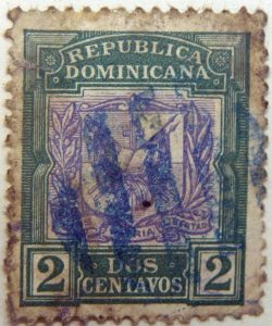 1901 coat of arms republica dominicana 2 dos centavos patria libertad green purple color stamp