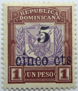 1904 coat of arms stamps of 1901 surcharged republica dominicana overprinted 5 cinco cts 1 un peso brown purple stamp