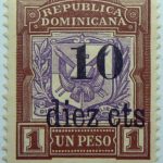 1904 coat of arms stamps of 1901 surcharged republica dominicana overprinted diez cts 1 un peso brown purple stamp