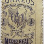 correos republica dominicana dios patria libertad medio real 1879 coat of arms bluish color stamp