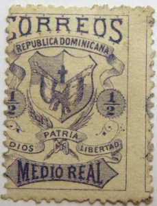 correos republica dominicana dios patria libertad medio real 1879 coat of arms bluish color stamp